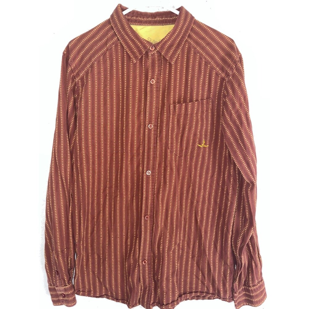 Mens Prana Button Down Shirt Sz L Brown Striped Cotton Embroidered Flowers